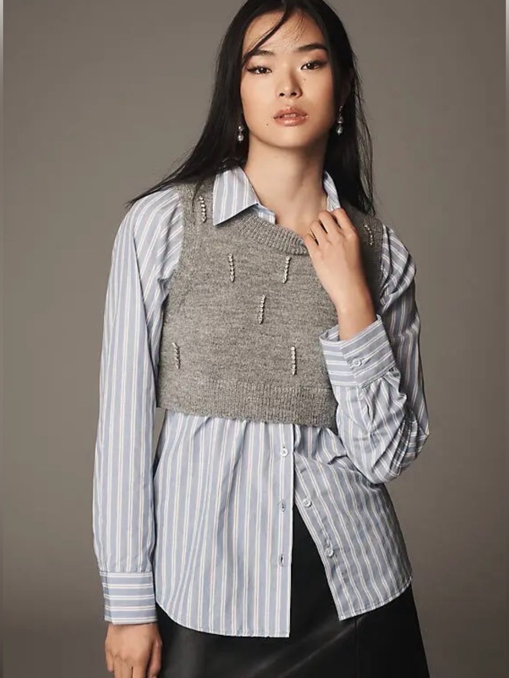 Maeve Anthropologie Layered Sweater Vest Shirt Crystal Embellished Top M